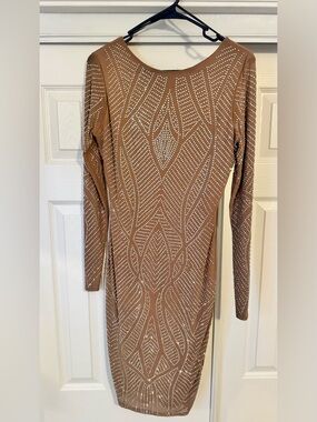 SHEIN Tan Long-Sleeve Rhinestone Bodycon Dress